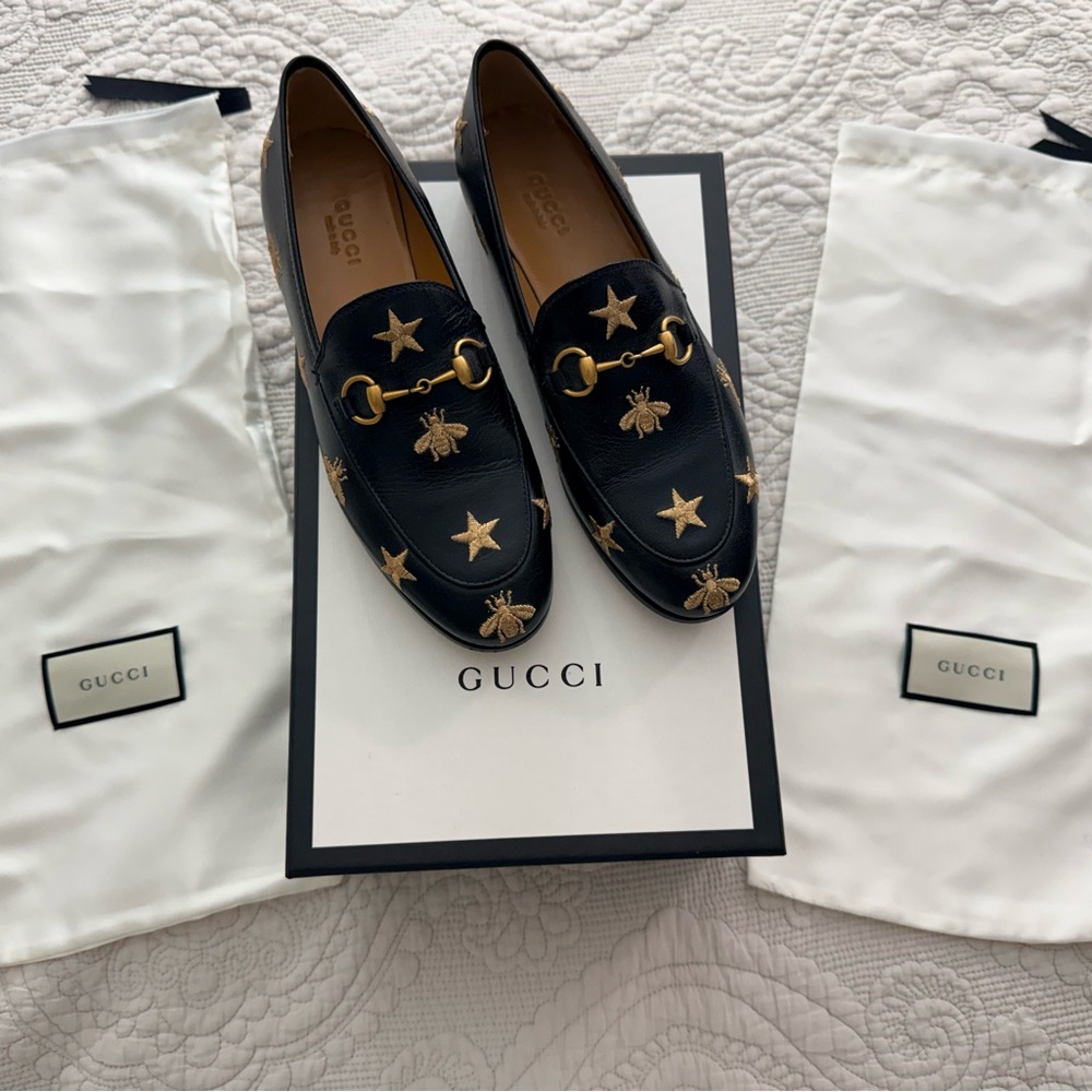 Authentic Gucci Jordaan Embroidered Bee Star Loafers Black 36 EU 6 US